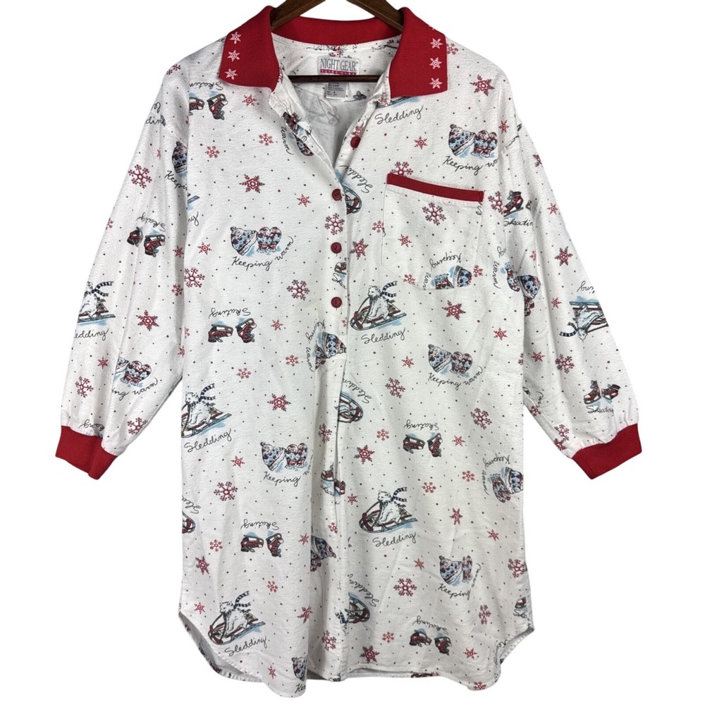 Vintage Night Gear Sleep Shirt Women Small White Christmas 100% Cotton Terry 90s
